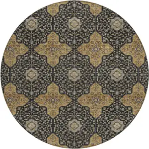 Photo of 8' Black Copper And Gray Round Quatrefoil Washable Indoor Outdoor Area Rug