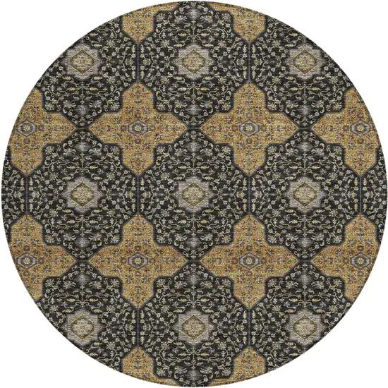 8' Black Copper And Gray Round Quatrefoil Washable Indoor Outdoor Area Rug Photo 1