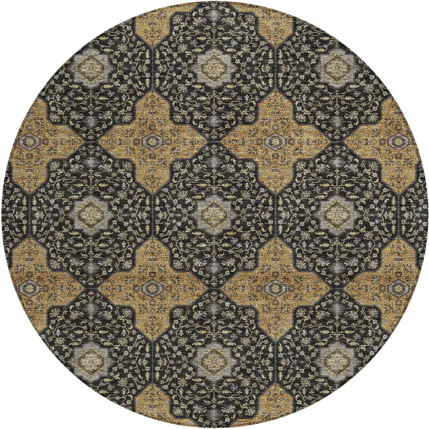 8' Black Copper And Gray Round Quatrefoil Washable Indoor Outdoor Area Rug Photo 1