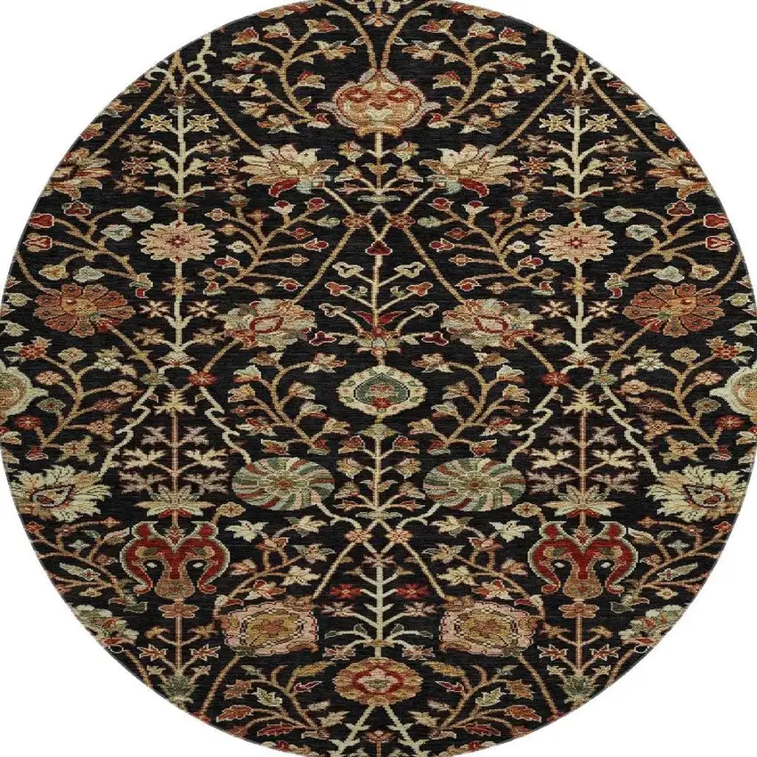 8' Black Copper And Red Floral Washable Round Rug With UV Protection Photo 3