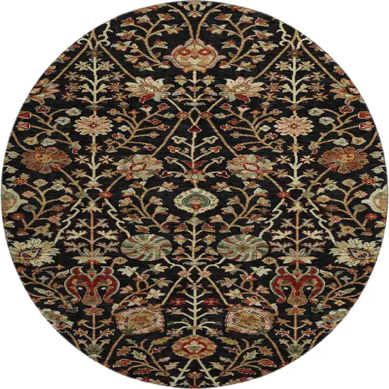 8' Black Copper And Red Floral Washable Round Rug With UV Protection Photo 1