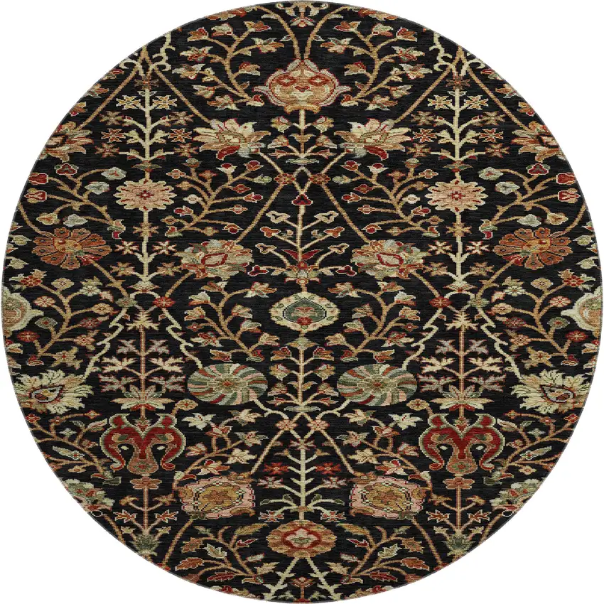8' Black Copper And Red Floral Washable Round Rug With UV Protection Photo 1