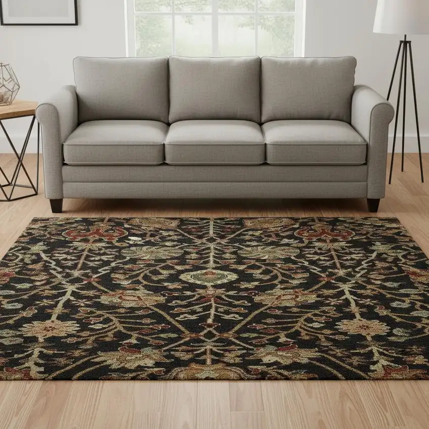 8' Black Copper And Red Floral Washable Round Rug With UV Protection Photo 2