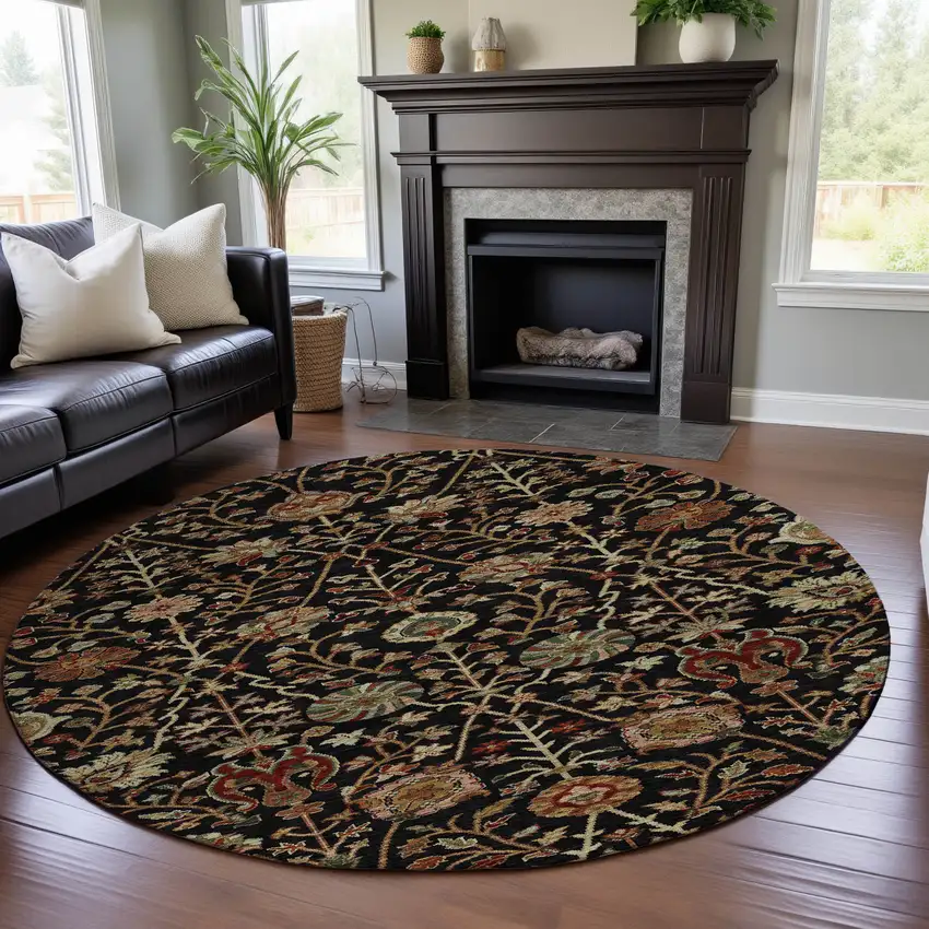 8' Black Copper And Red Floral Washable Round Rug With UV Protection Photo 4