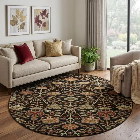 8' Black Copper And Red Floral Washable Round Rug With UV Protection Photo 1