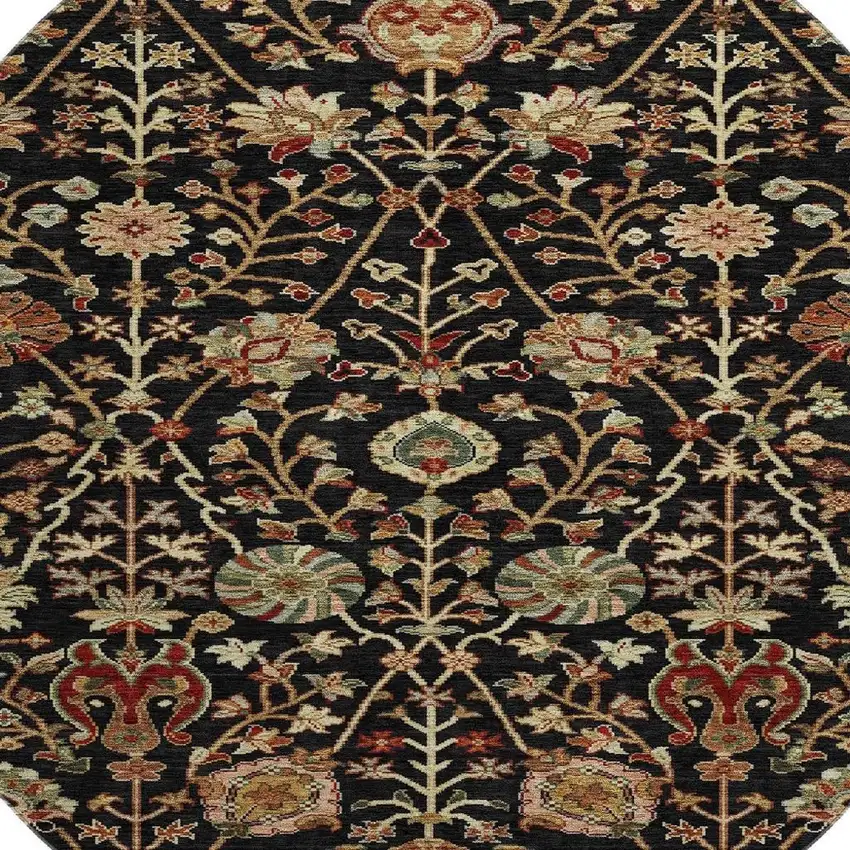 8' Black Copper And Red Floral Washable Round Rug With UV Protection Photo 2