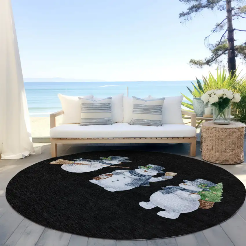 8' Black Denim Blue And Ivory Round Botanical Leaves Washable Indoor Outdoor Area Rug Photo 5