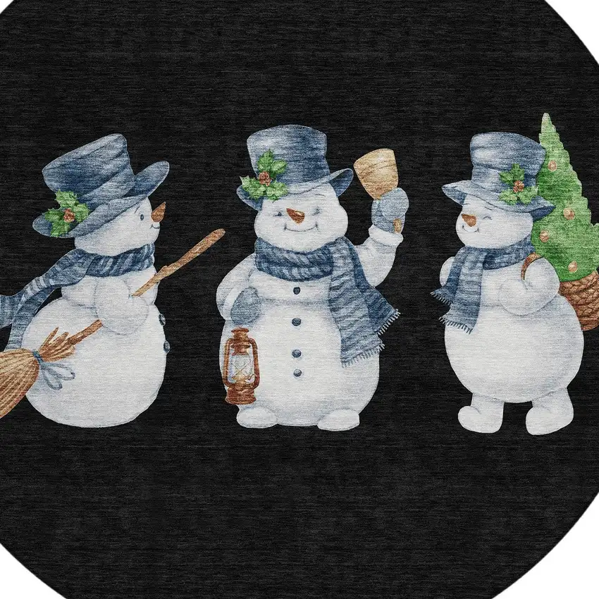 8' Black Denim Blue And Ivory Round Snowmen Washable Indoor Outdoor Area Rug Photo 9
