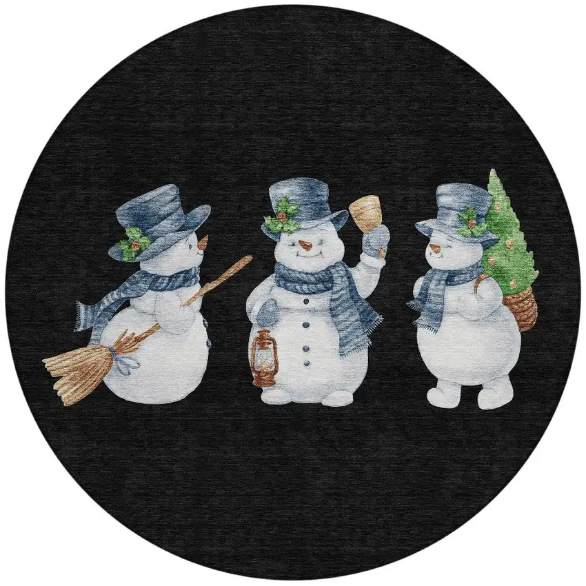 8' Black Denim Blue And Ivory Round Snowmen Washable Indoor Outdoor Area Rug Photo 3