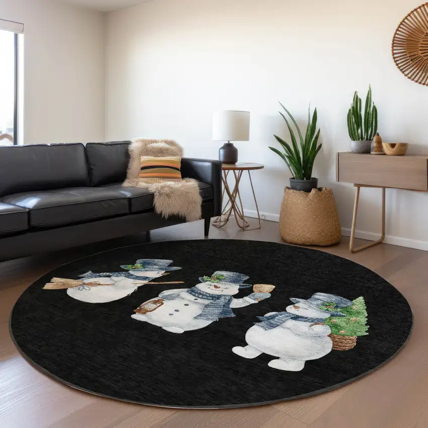 8' Black Denim Blue And Ivory Round Botanical Leaves Washable Indoor Outdoor Area Rug Photo 6