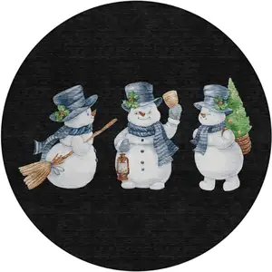 Photo of 8' Black Denim Blue And Ivory Round Botanical Leaves Washable Indoor Outdoor Area Rug