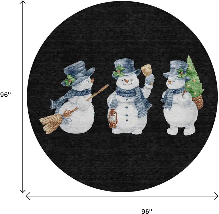 8' Black Denim Blue And Ivory Round Snowmen Washable Indoor Outdoor Area Rug Photo 9