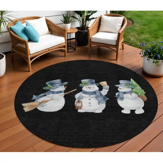 8' Black Denim Blue And Ivory Round Snowmen Washable Indoor Outdoor Area Rug Photo 1