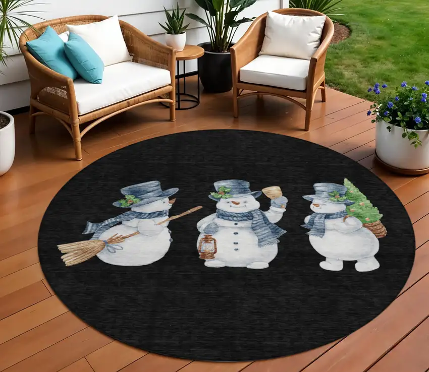 8' Black Denim Blue And Ivory Round Snowmen Washable Indoor Outdoor Area Rug Photo 1
