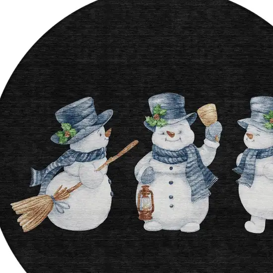 8' Black Denim Blue And Ivory Round Snowmen Washable Indoor Outdoor Area Rug Photo 4