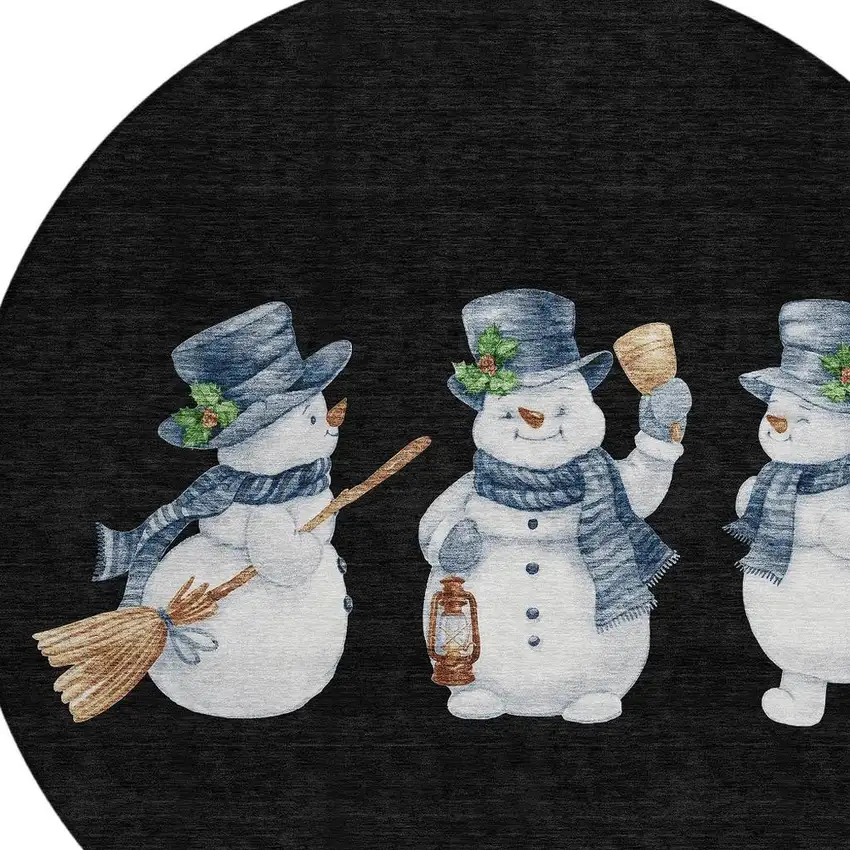 8' Black Denim Blue And Ivory Round Snowmen Washable Indoor Outdoor Area Rug Photo 4