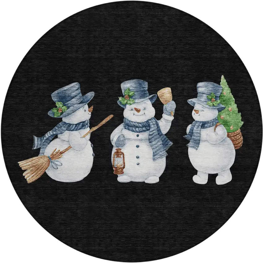 8' Black Denim Blue And Ivory Round Snowmen Washable Indoor Outdoor Area Rug Photo 2