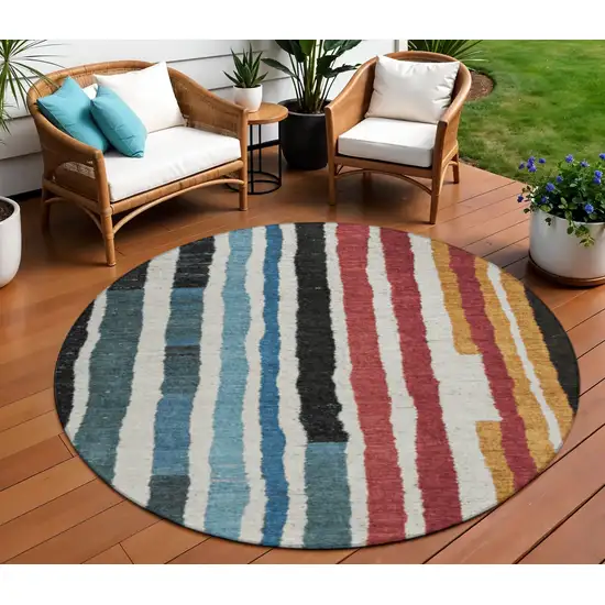 8' Black Denim Blue And Merlot Round Striped Washable Indoor Outdoor Area Rug Photo 2