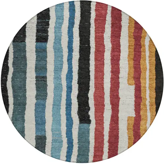 8' Black Denim Blue And Merlot Round Striped Washable Indoor Outdoor Area Rug Photo 1
