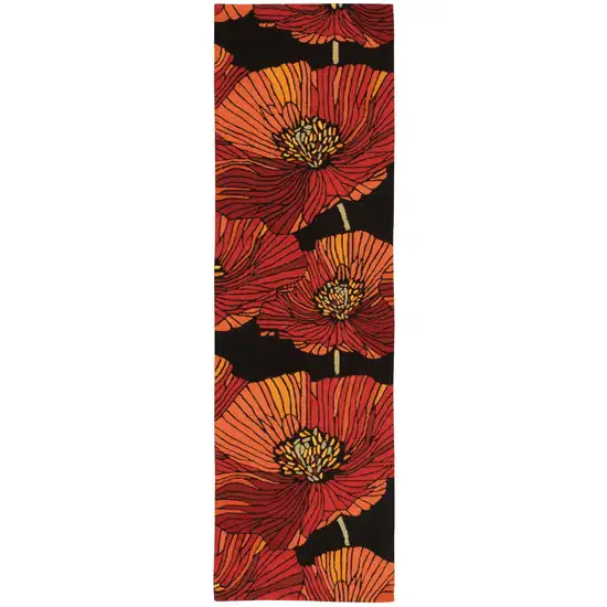 8' Black Floral Hand Hooked Runner Rug Photo 3