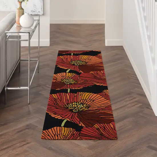 8' Black Floral Hand Hooked Runner Rug Photo 4