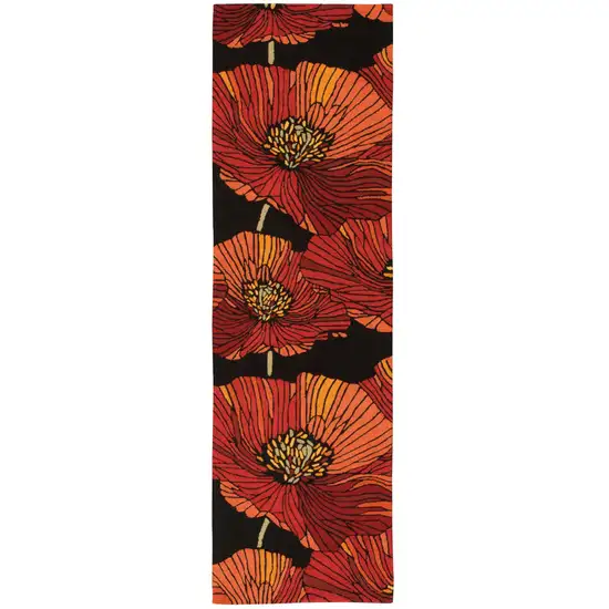 8' Black Floral Hand Hooked Runner Rug Photo 1