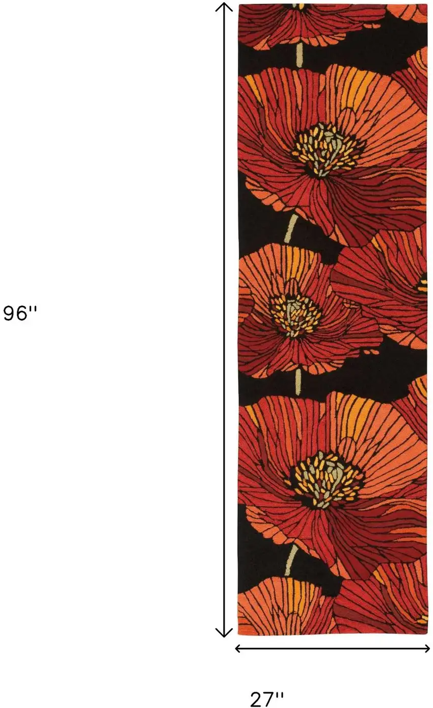 8' Black Floral Hand Hooked Runner Rug Photo 9