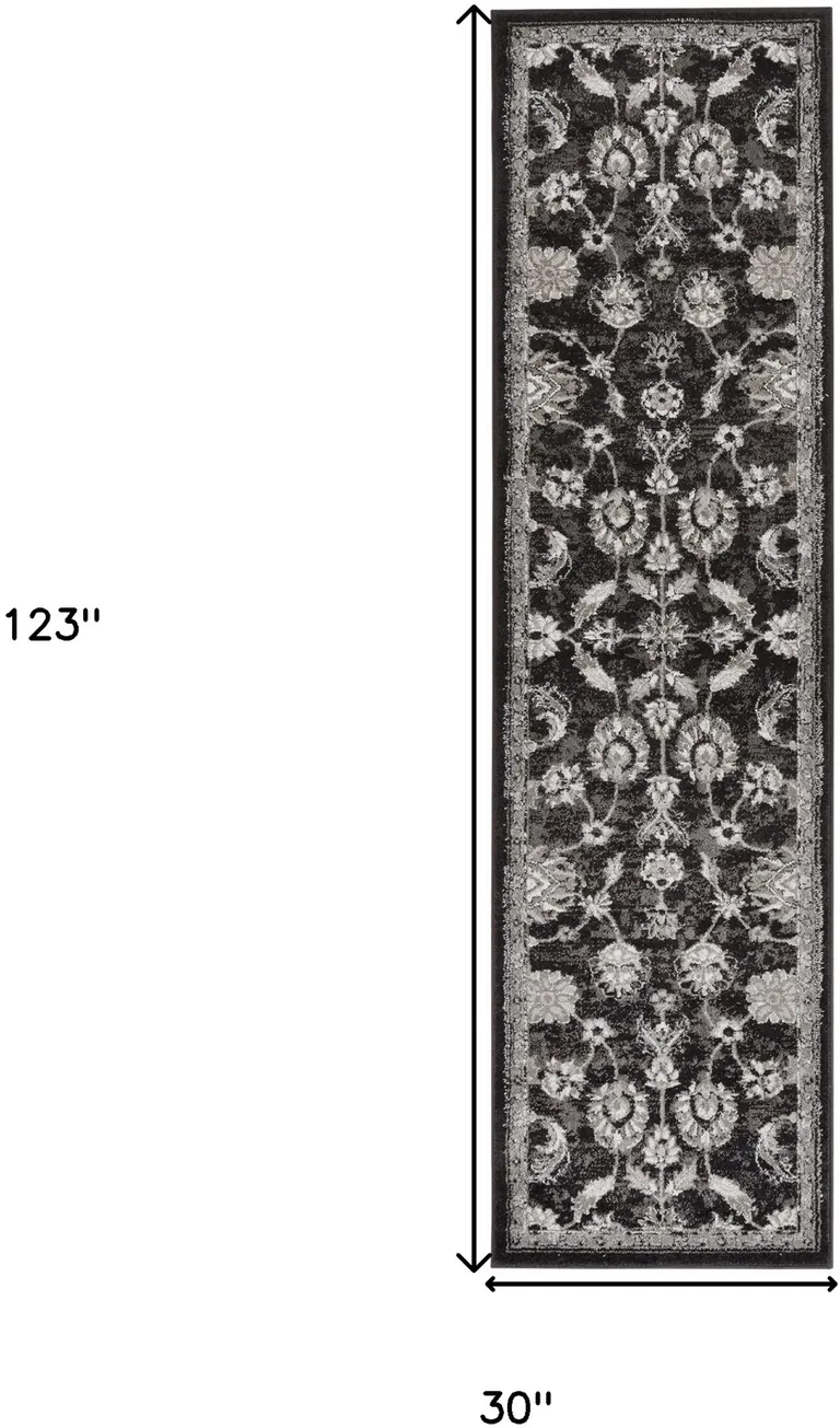 10' Black Floral Power Loom Runner Rug Photo 5