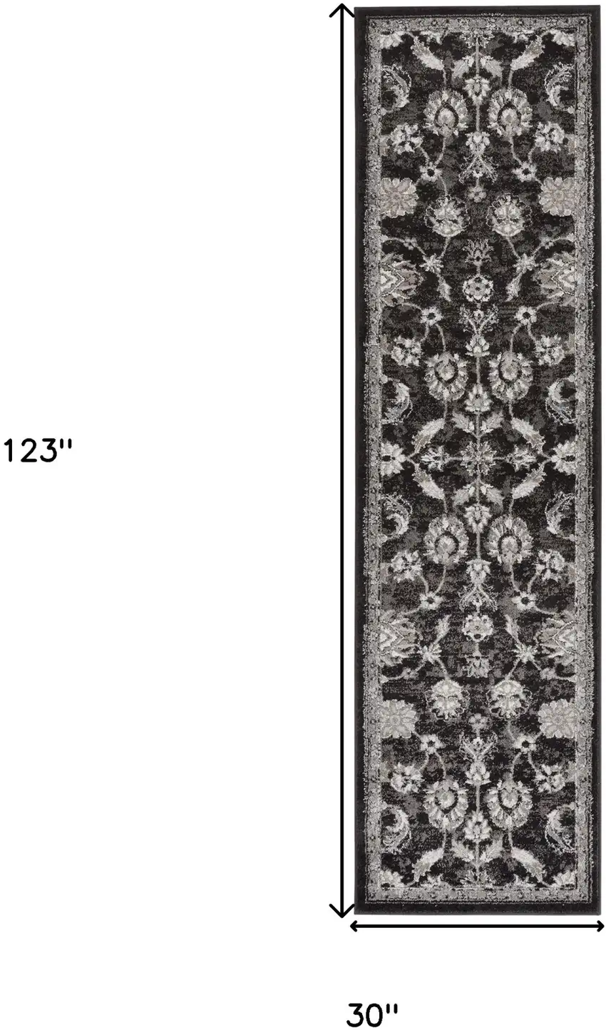 10' Black Floral Power Loom Runner Rug Photo 6