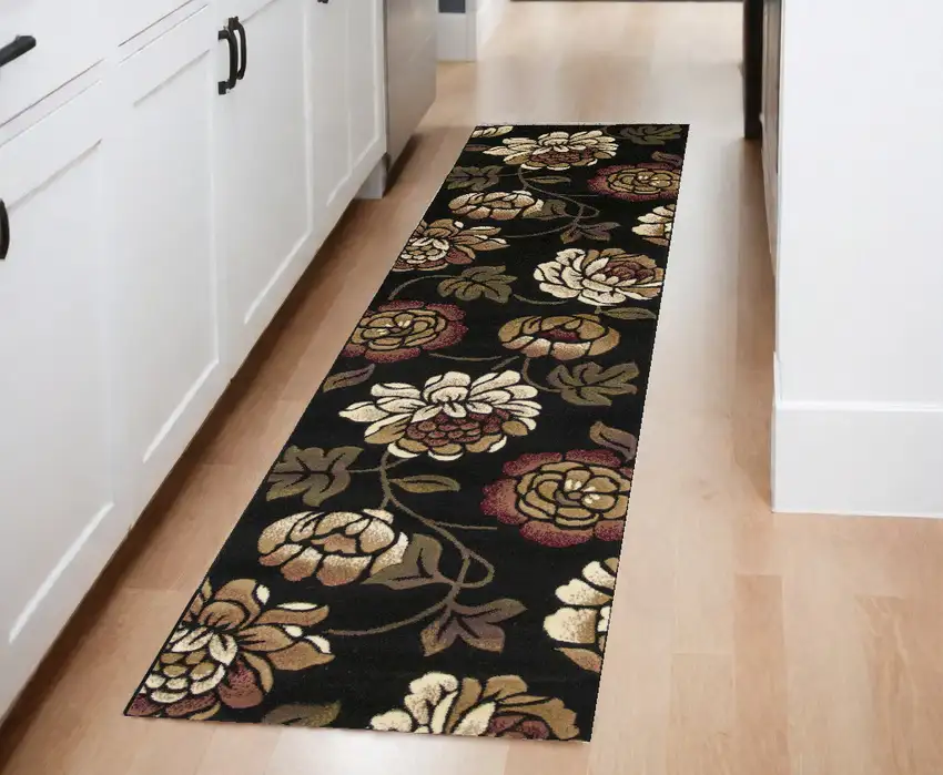 8' Black Floral Vines Area Rug Photo 1