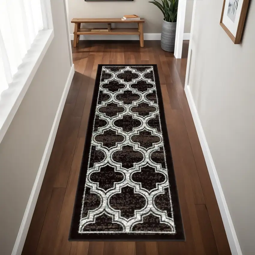 8' Black Brown And Ivory Geometric Runner Rug Photo 1