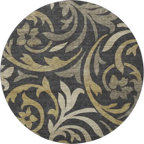 8' Black Gold And Beige Floral Washable Round Rug With UV Protection Photo 4