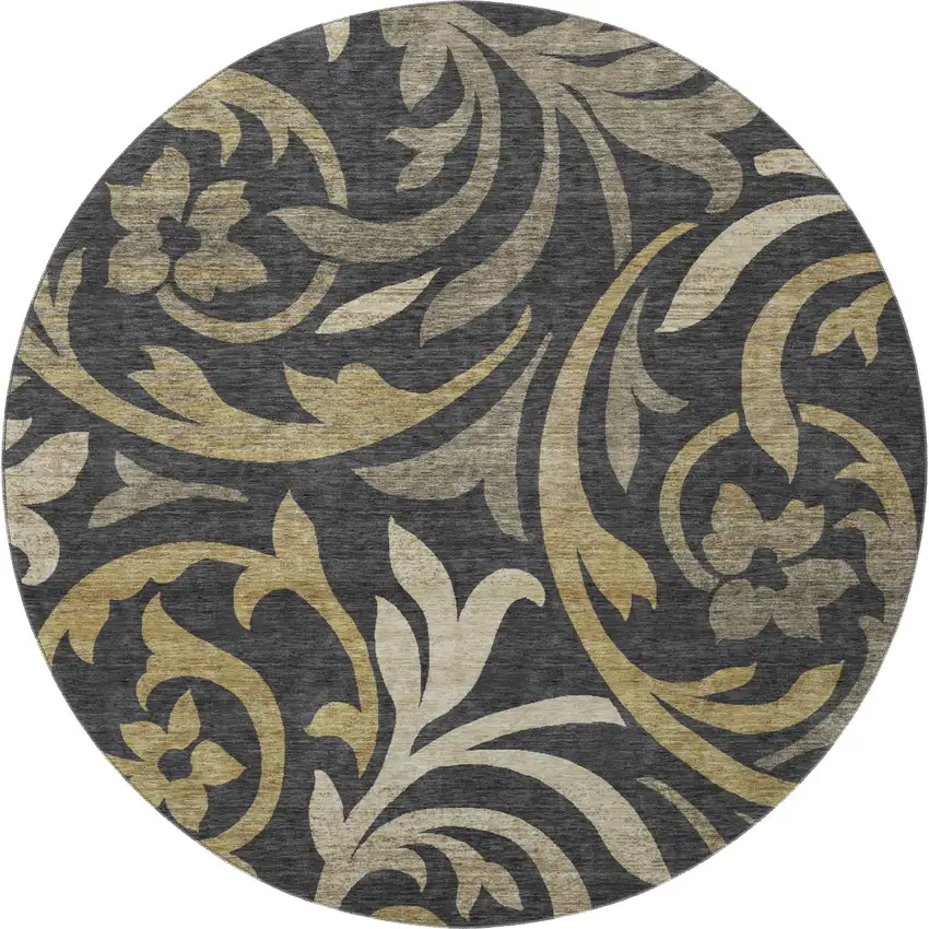 8' Black Gold And Beige Floral Washable Round Rug With UV Protection Photo 4