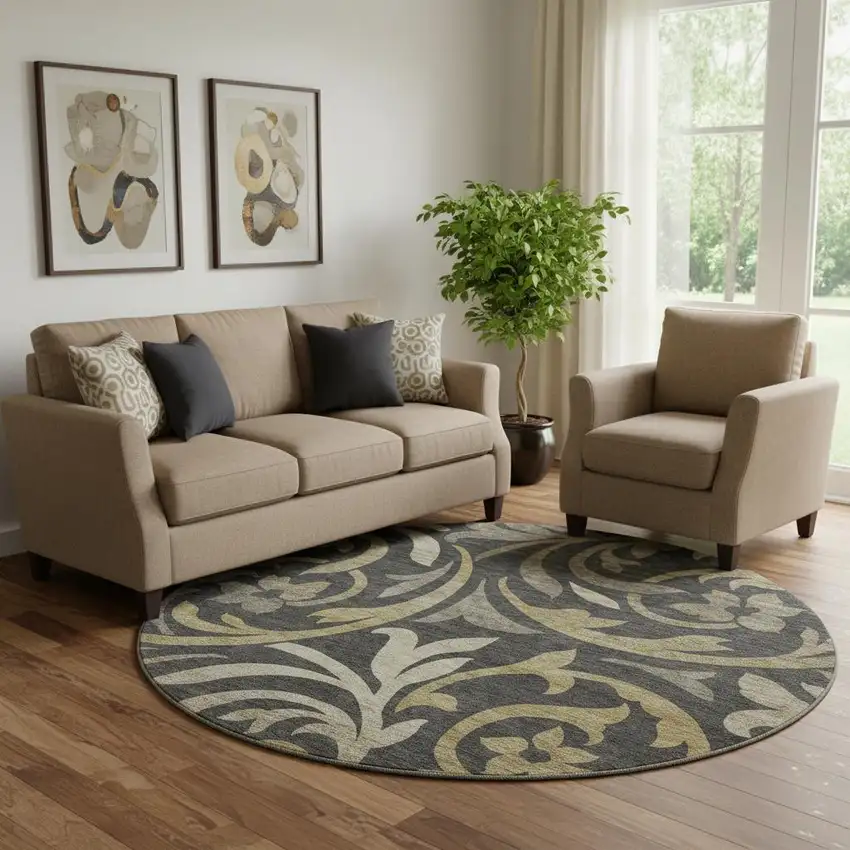 8' Black Gold And Beige Floral Washable Round Rug With UV Protection Photo 1