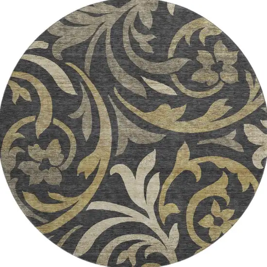 8' Black Gold And Beige Floral Washable Round Rug With UV Protection Photo 3