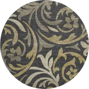Photo of 8' Black Gold And Beige Floral Washable Round Rug With UV Protection