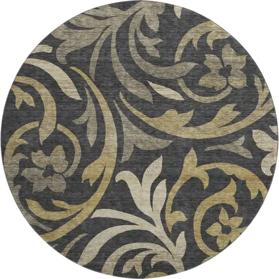 8' Black Gold And Beige Floral Washable Round Rug With UV Protection Photo 1