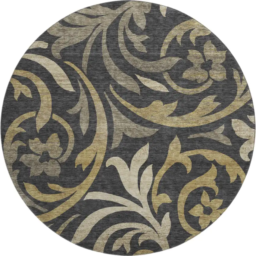 8' Black Gold And Beige Floral Washable Round Rug With UV Protection Photo 1