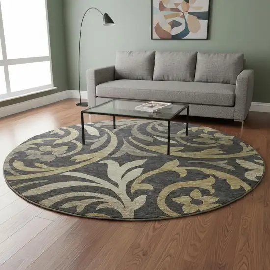 8' Black Gold And Beige Floral Washable Round Rug With UV Protection Photo 2