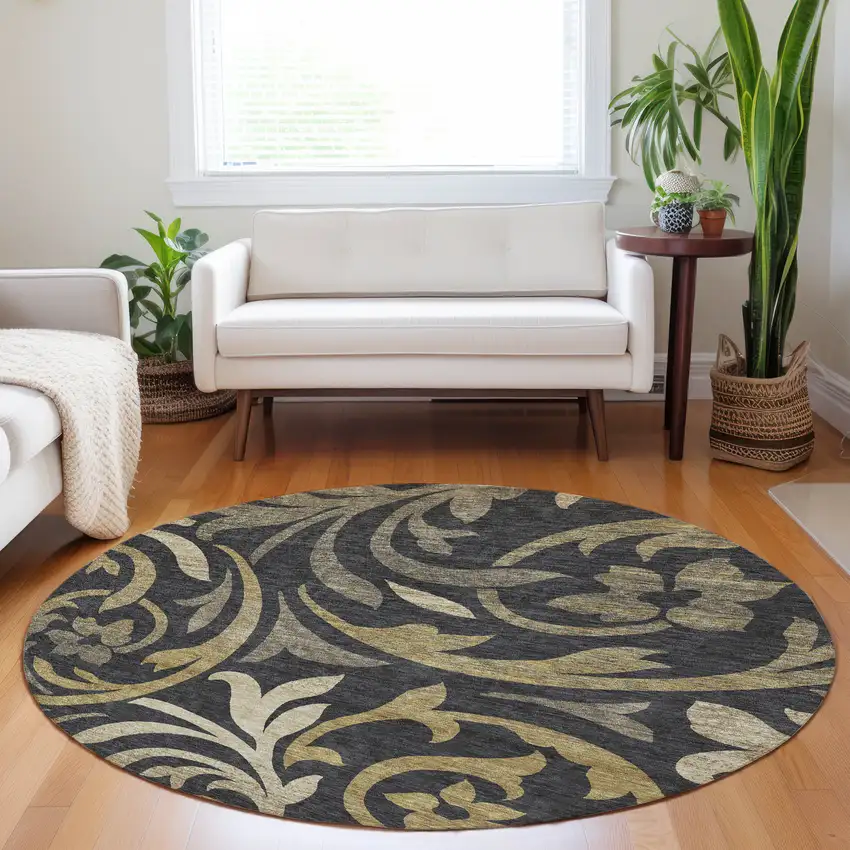 8' Black Gold And Beige Floral Washable Round Rug With UV Protection Photo 5