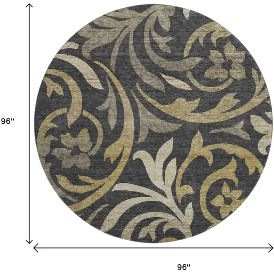 8' Black Gold And Beige Floral Washable Round Rug With UV Protection Photo 3