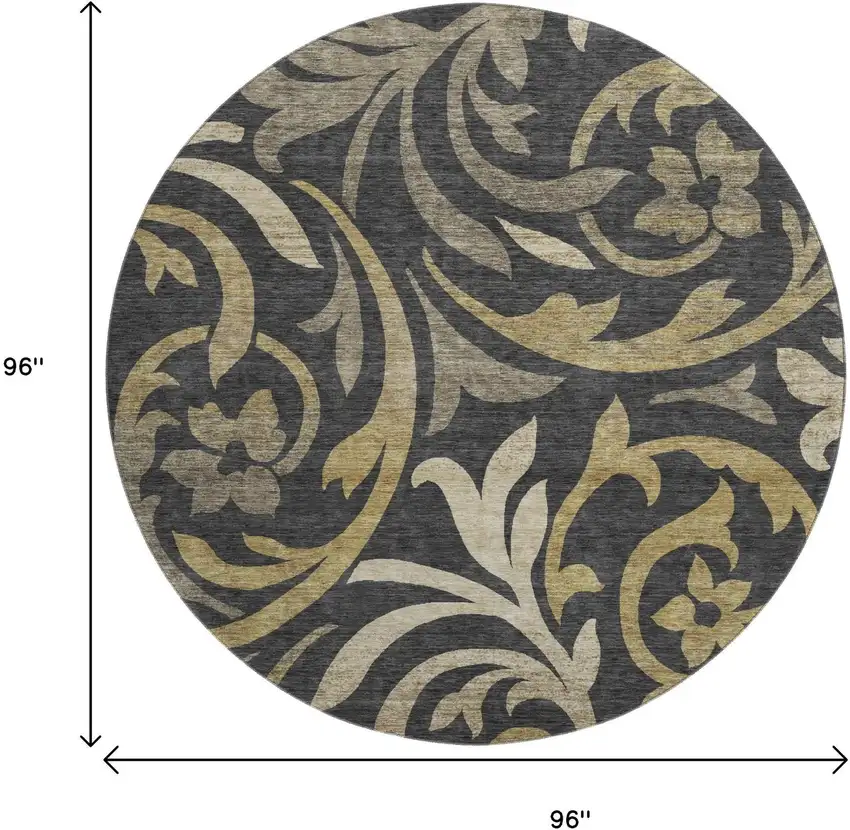 8' Black Gold And Beige Floral Washable Round Rug With UV Protection Photo 3