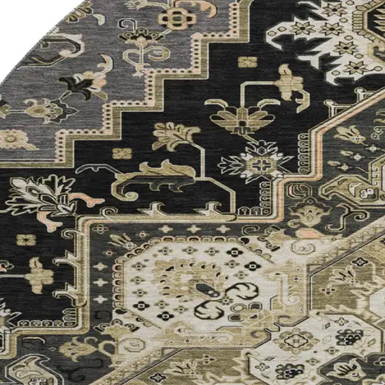 8' Black Gold And Beige Oriental Washable Round Rug With UV Protection Photo 2