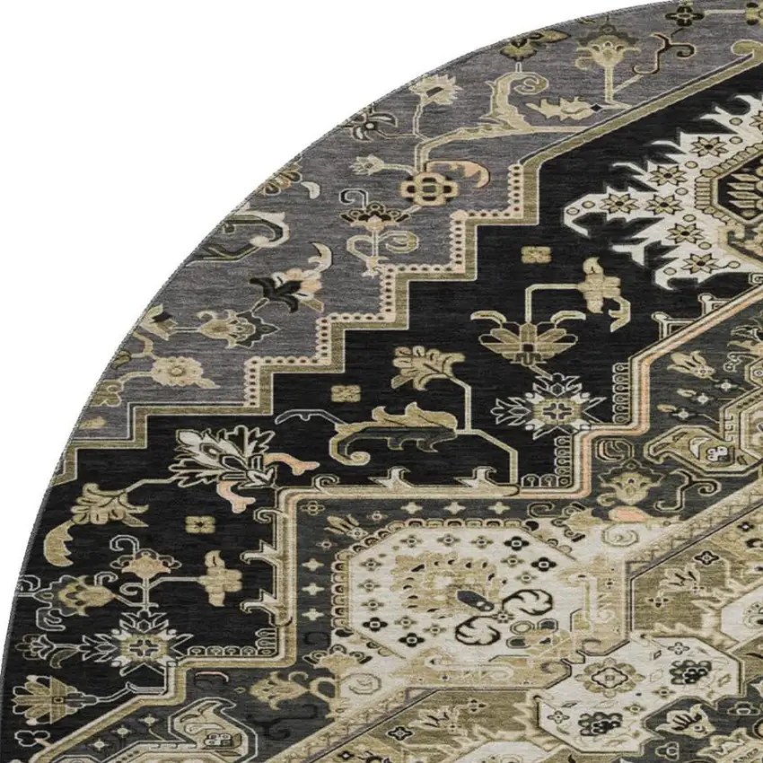 8' Black Gold And Beige Oriental Washable Round Rug With UV Protection Photo 3