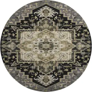 Photo of 8' Black Gold And Beige Oriental Washable Round Rug With UV Protection