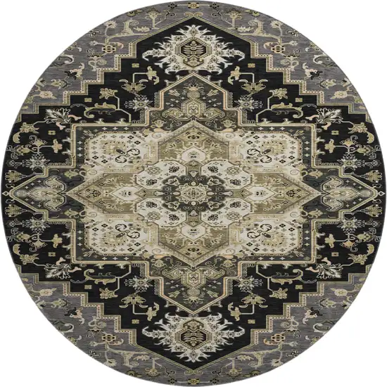 8' Black Gold And Beige Oriental Washable Round Rug With UV Protection Photo 1