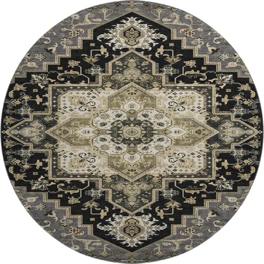 8' Black Gold And Beige Oriental Washable Round Rug With UV Protection Photo 1