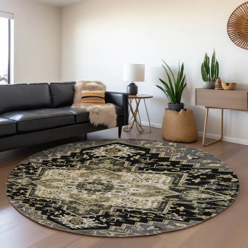 8' Black Gold And Beige Oriental Washable Round Rug With UV Protection Photo 4