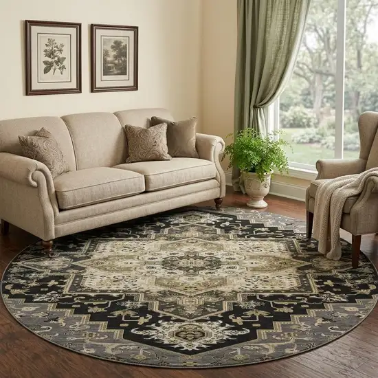 8' Black Gold And Beige Oriental Washable Round Rug With UV Protection Photo 1