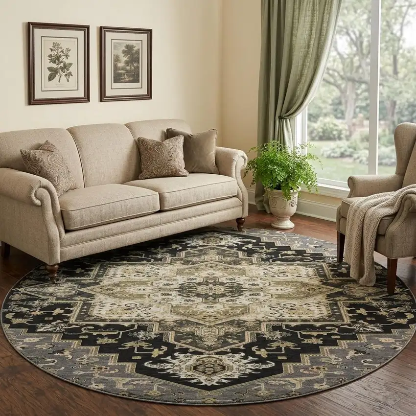 8' Black Gold And Beige Oriental Washable Round Rug With UV Protection Photo 1